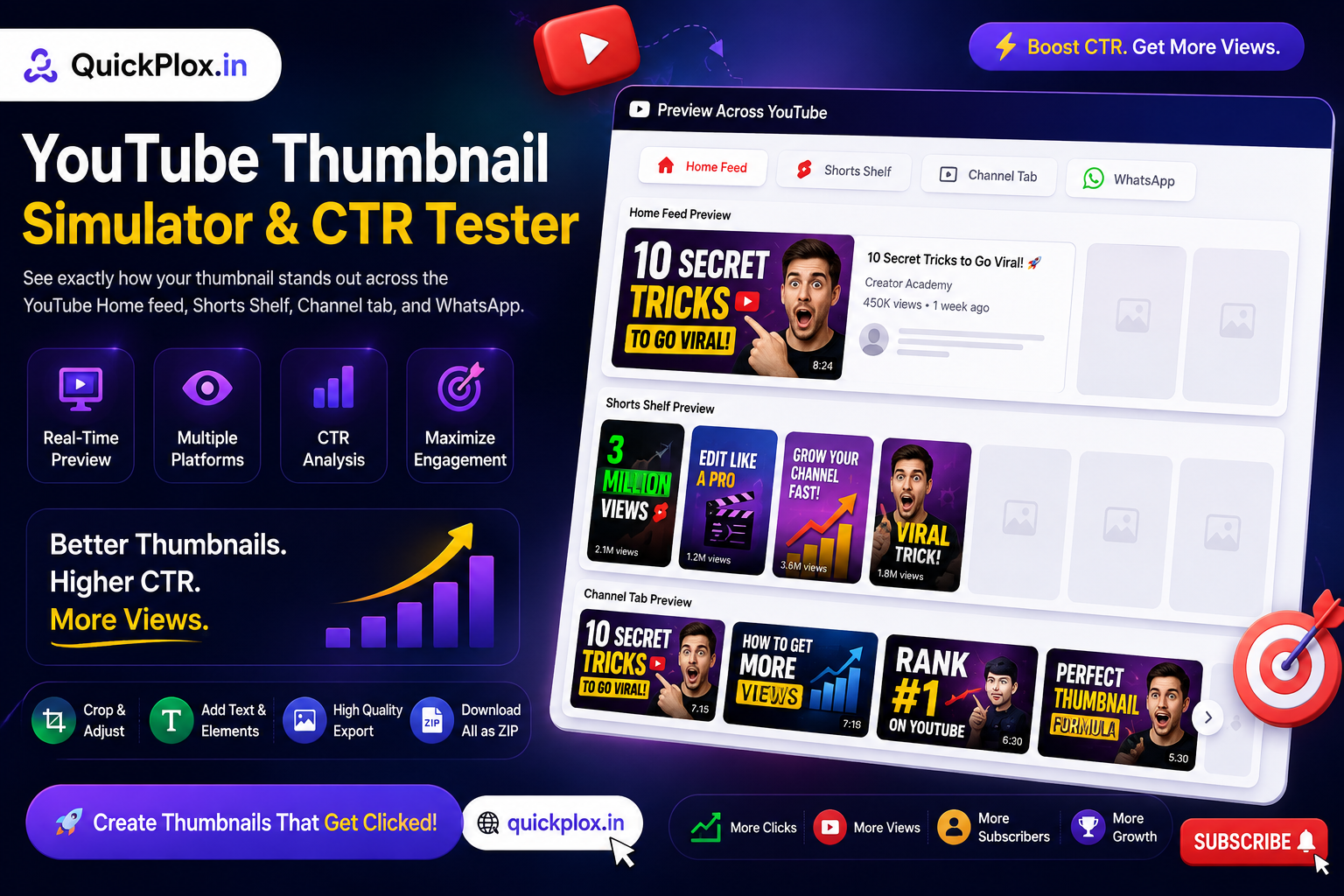 advanced youtube thumbnail simulator interface with home feed and shorts preview