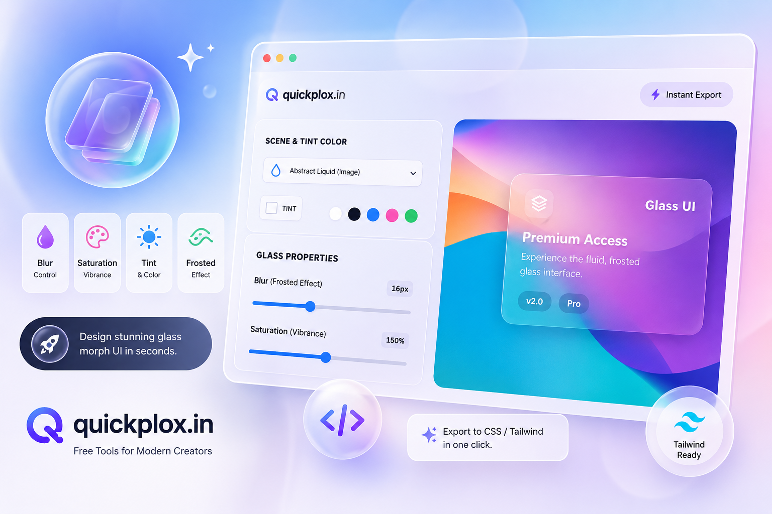 Advanced glassmorphism generator tool showing frosted glass UI